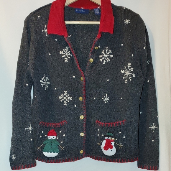 Karen Scott Not so Ugly Holiday Christmas‎ Sweater Cardigan Snowman Wool Gray S - Picture 2 of 8